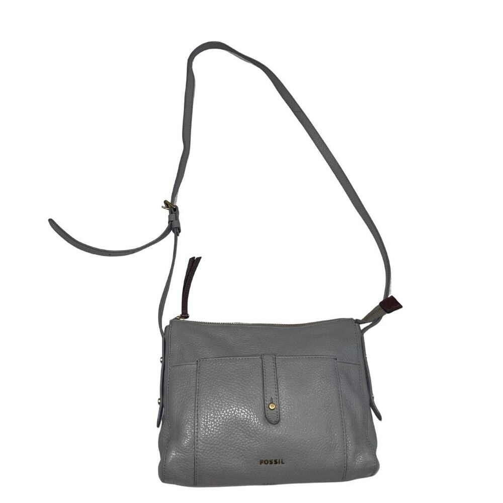 Fossil Jenna Top Zip Gray Pebbled Leather Crossbody Handbag Purse